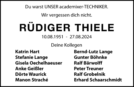 Traueranzeige von Rüdiger Thiele von Leipziger Volkszeitung