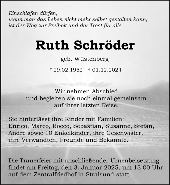 Traueranzeige von Ruth Schröder von Ostsee-Zeitung GmbH