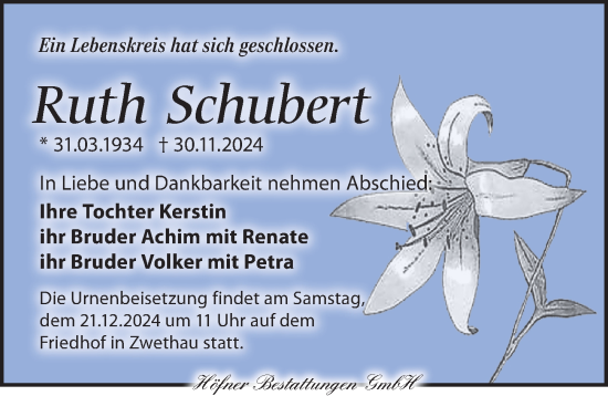 Traueranzeige von Ruth Schubert von Torgauer Zeitung