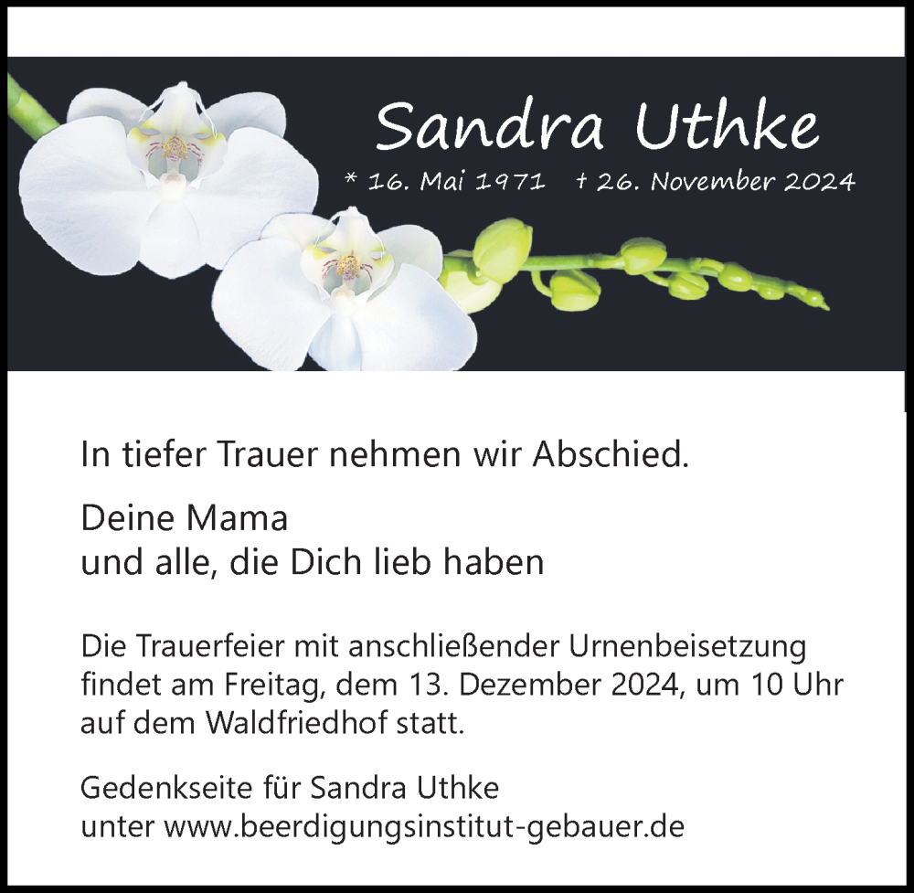  Traueranzeige für Sandra Uthke vom 07.12.2024 aus Aller Zeitung