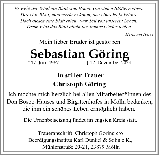 Traueranzeige von Sebastian Göring von Kieler Nachrichten