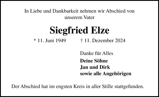 Traueranzeige von Siegfried Elze von Lübecker Nachrichten