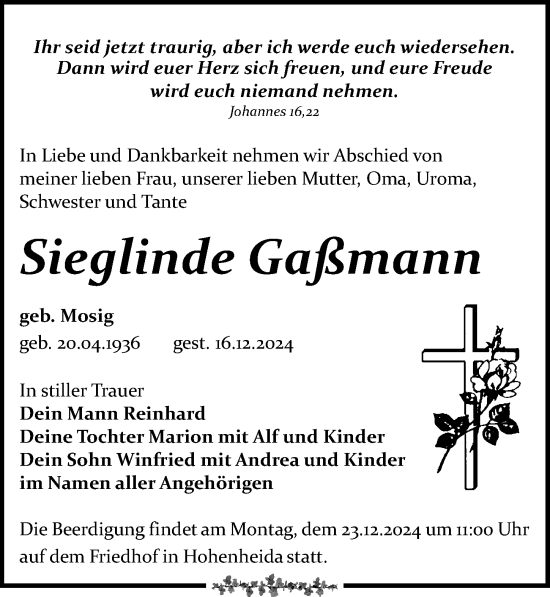 Traueranzeige von Sieglinde Gaßmann von Leipziger Volkszeitung