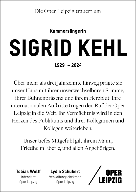 Traueranzeige von Sigrid Kehl von Leipziger Volkszeitung