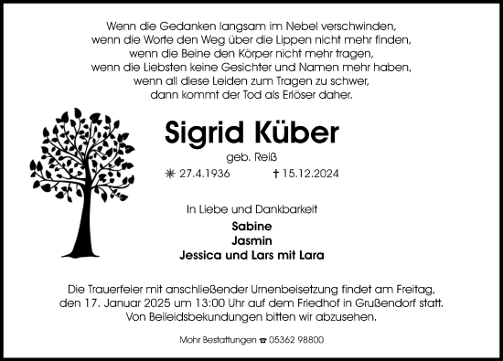 Traueranzeige von Sigrid Küber von Aller Zeitung