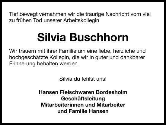 Traueranzeige von Silvia Buschhorn von Kieler Nachrichten