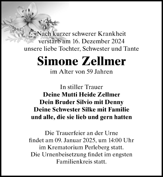 Traueranzeige von Simone Zellmer von Wochenspiegel