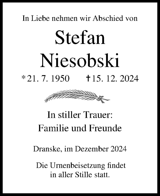 Traueranzeige von Stefan Niesobski von Ostsee-Zeitung GmbH