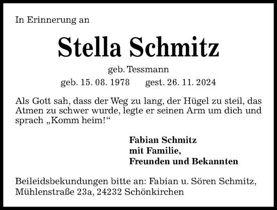 Traueranzeige von Stella Schmitz von Kieler Nachrichten