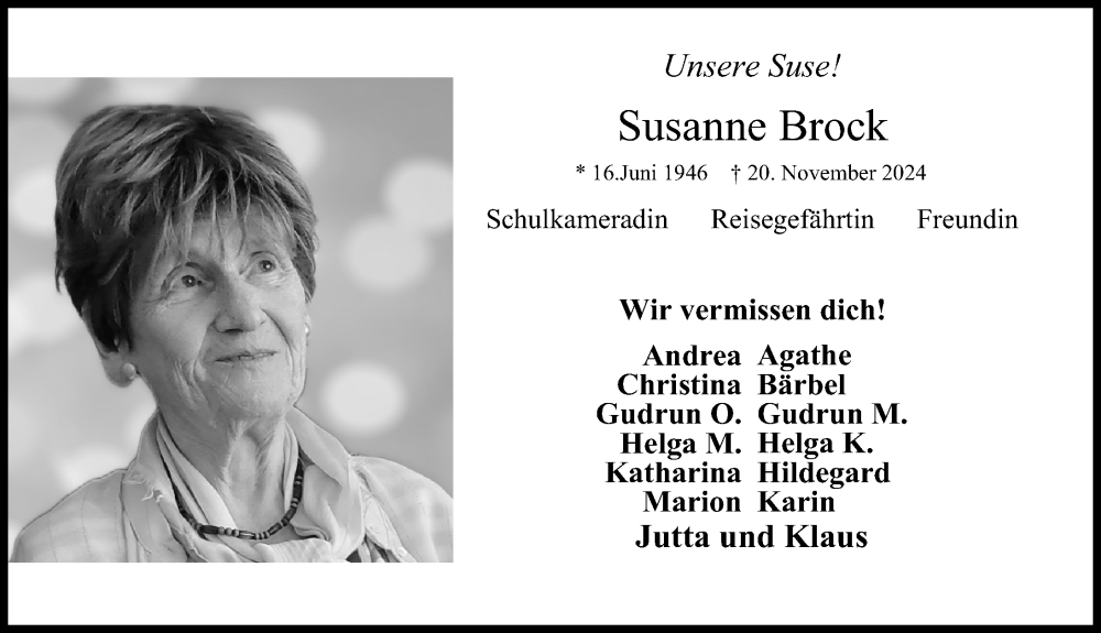  Traueranzeige für Susanne Brock vom 21.12.2024 aus Göttinger Tageblatt