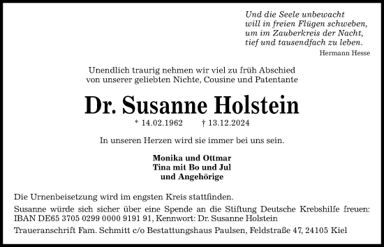 Traueranzeige von Susanne Holstein von Kieler Nachrichten