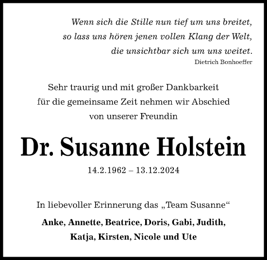 Traueranzeige von Susanne Holstein von Kieler Nachrichten