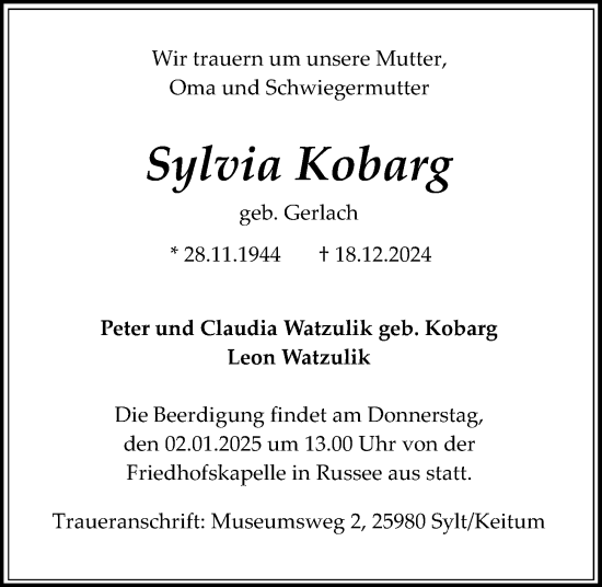 Traueranzeige von Sylvia Kobarg von Kieler Nachrichten