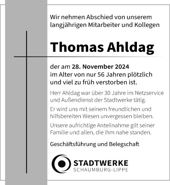 Traueranzeige von Thomas Ahldag von Schaumburger Nachrichten und Schaumburger Zeitung/ Landes-Zeitung