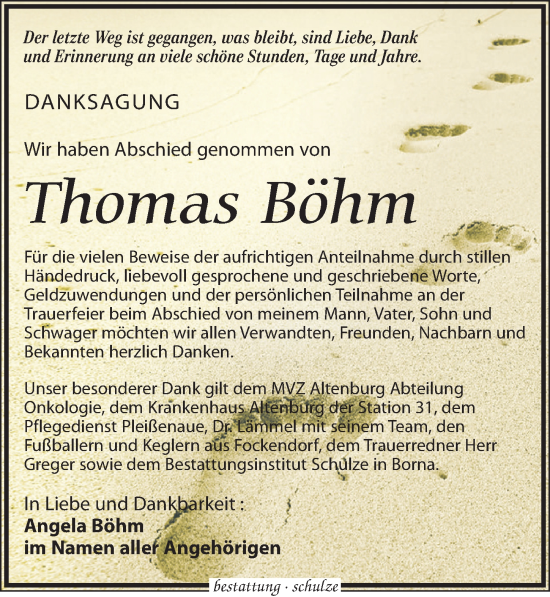 Traueranzeige von Thomas Böhm von Leipziger Volkszeitung