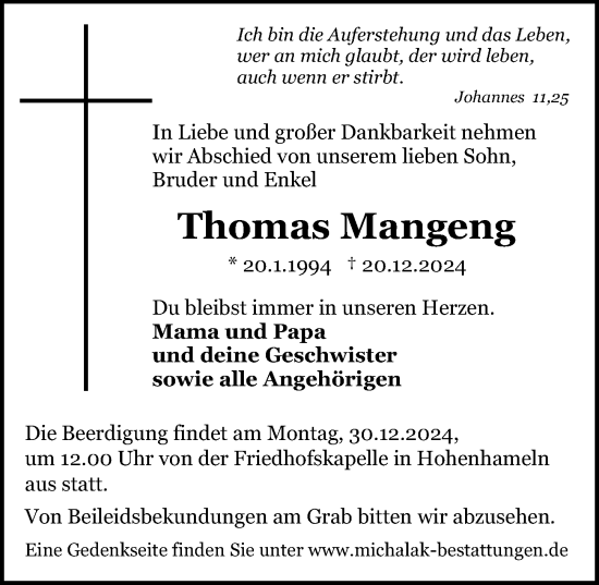 Traueranzeige von Thomas Mangeng von Peiner Allgemeine Zeitung