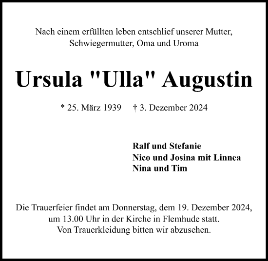 Traueranzeige von Ursula  Augustin von Kieler Nachrichten