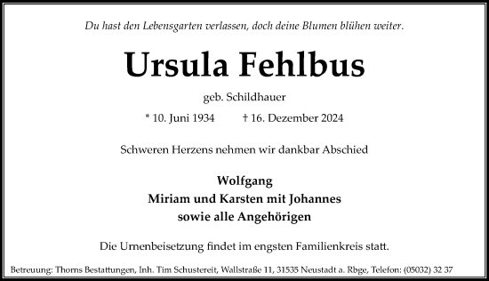 Traueranzeige von Ursula Fehlbus von Hannoversche Allgemeine Zeitung/Neue Presse