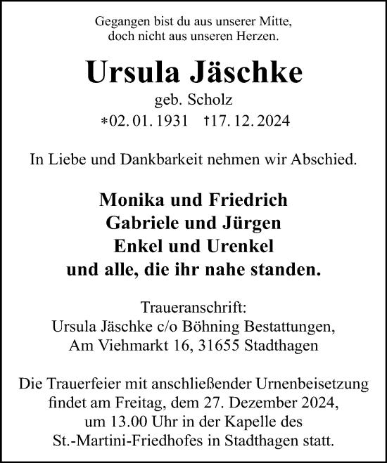 Traueranzeige von Ursula Jäschke von Schaumburger Nachrichten