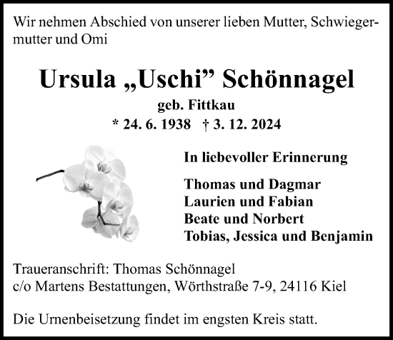 Traueranzeige von Ursula Schönnagel von Kieler Nachrichten