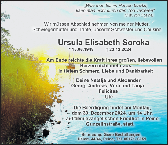 Traueranzeige von Ursula Elisabeth Soroka von Peiner Allgemeine Zeitung