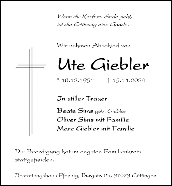 Traueranzeige von Ute Giebler von Göttinger Tageblatt