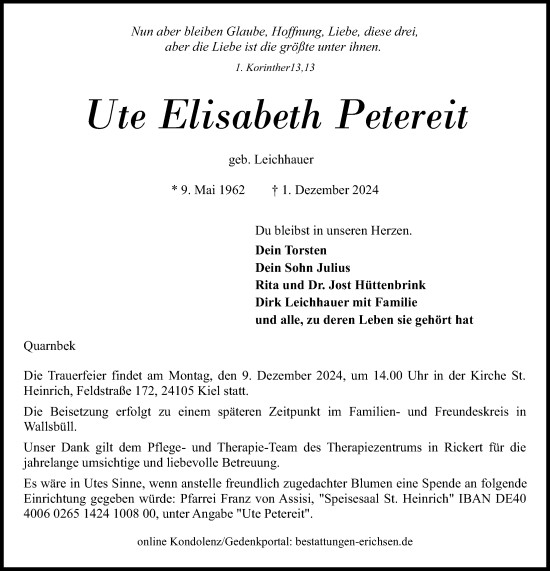 Traueranzeige von Ute Elisabeth Petereit von Kieler Nachrichten