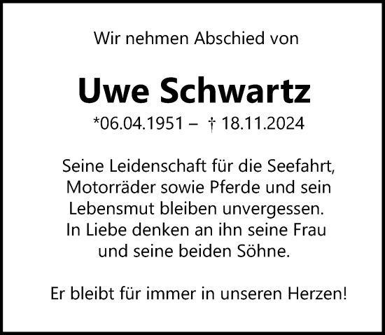 Traueranzeige von Uwe Schwartz von Lübecker Nachrichten