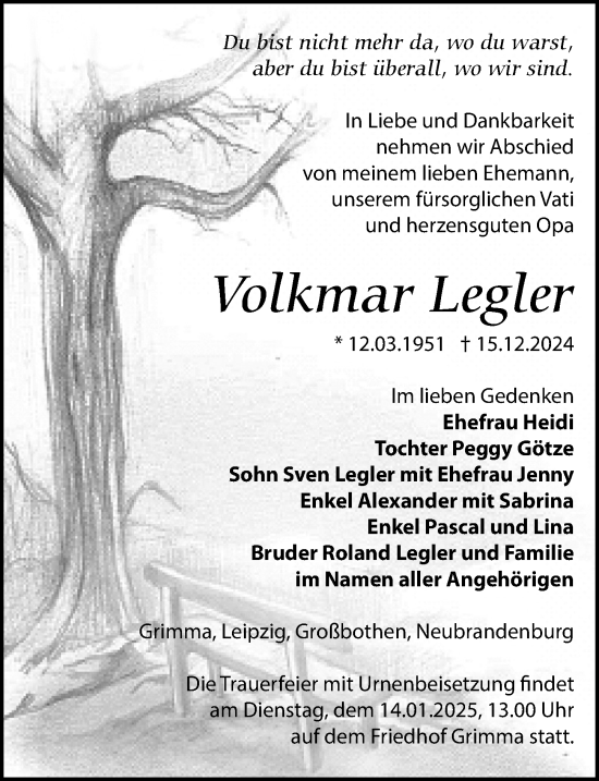 Traueranzeige von Volkmar Legler von Leipziger Volkszeitung