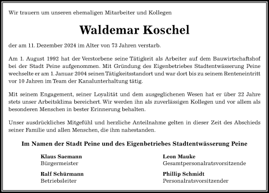 Traueranzeige von Waldemar Koschel von Peiner Allgemeine Zeitung