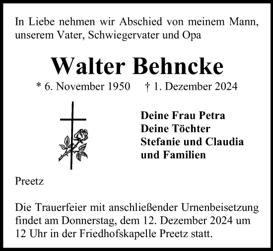 Traueranzeige von Walter Behncke von Kieler Nachrichten