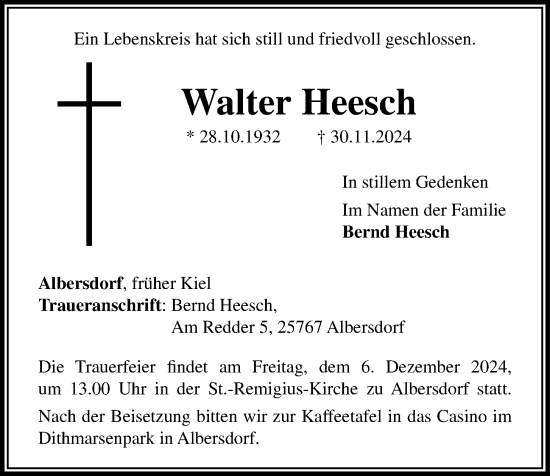 Traueranzeige von Walter Heesch von Kieler Nachrichten