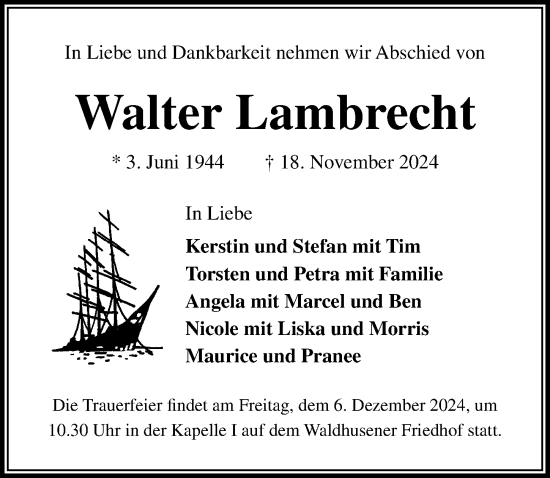 Traueranzeige von Walter Lambrecht von Lübecker Nachrichten