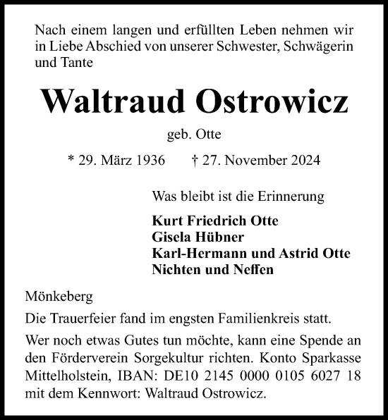 Traueranzeige von Waltraud Ostrowicz von Kieler Nachrichten