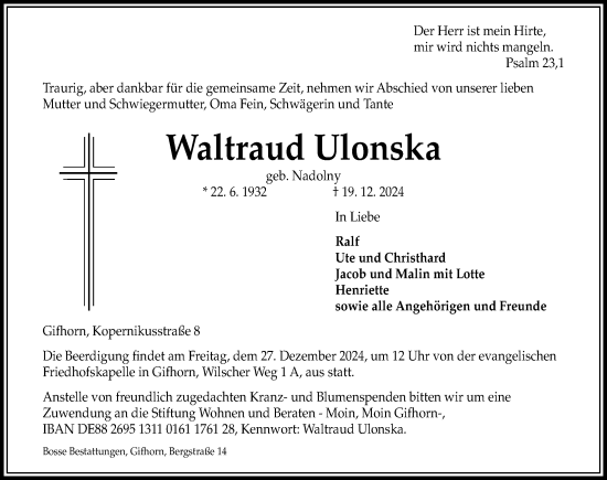 Traueranzeige von Waltraud Ulonska von Aller Zeitung