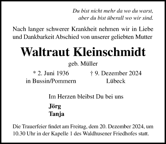 Traueranzeige von Waltraut Kleinschmidt von Lübecker Nachrichten