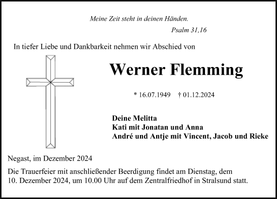 Traueranzeige von Werner Flemming von Ostsee-Zeitung GmbH