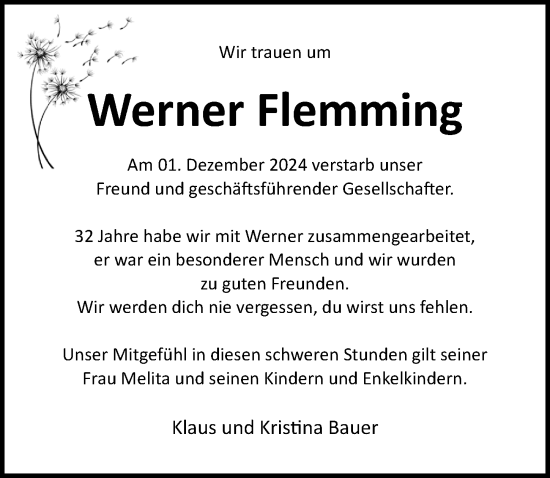 Traueranzeige von Werner Flemming von Ostsee-Zeitung GmbH