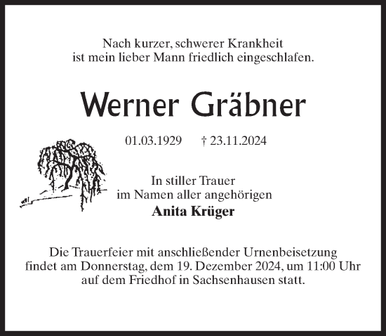 Traueranzeige von Werner Gräbner von Märkischen Allgemeine Zeitung