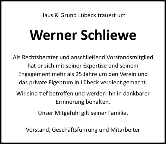 Traueranzeige von Werner Schliewe von Lübecker Nachrichten