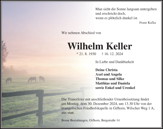 Traueranzeige von Wilhelm Keller von Aller Zeitung