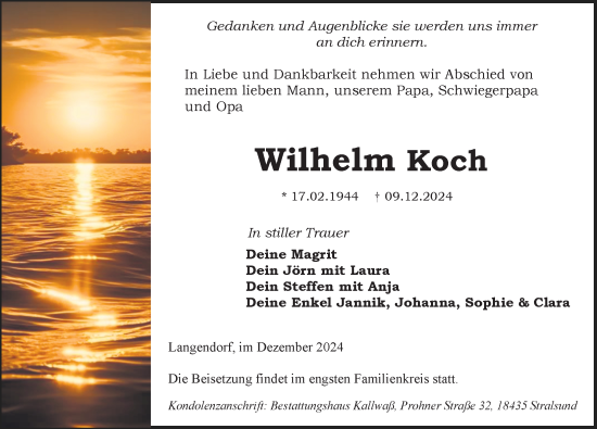 Traueranzeige von Wilhelm Koch von Ostsee-Zeitung GmbH