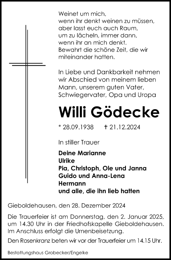 Traueranzeige von Willi Gödecke von Eichsfelder Tageblatt