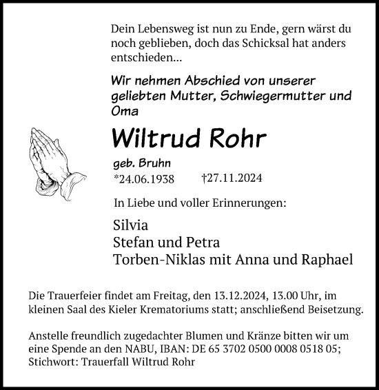 Traueranzeige von Wiltrud Rohr von Kieler Nachrichten