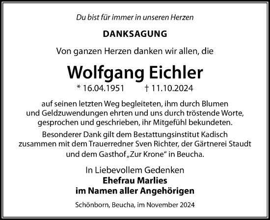 Traueranzeige von Wolfgang Eichler von Leipziger Volkszeitung