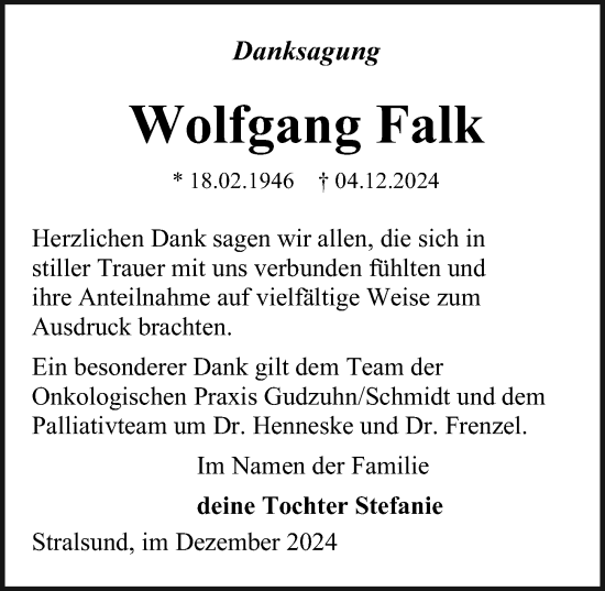 Traueranzeige von Wolfgang Falk von Ostsee-Zeitung GmbH