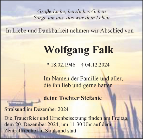 Traueranzeige von Wolfgang Falk von Ostsee-Zeitung GmbH