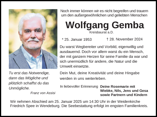 Traueranzeige von Wolfgang Gemba von Peiner Allgemeine Zeitung