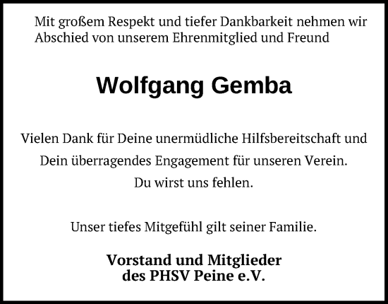 Traueranzeige von Wolfgang Gemba von Peiner Allgemeine Zeitung