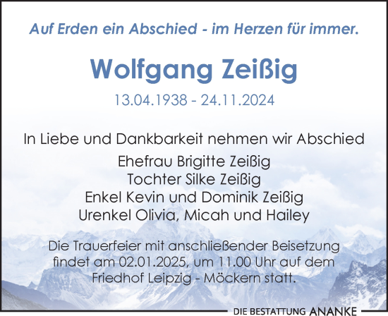 Traueranzeige von Wolfgang Zeißig von Leipziger Volkszeitung